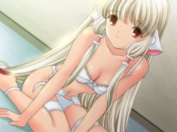 Rule 34 | 00s, 1girl, bare shoulders, blonde hair, bra, brown eyes, chii, chobits, flat chest, game cg, lingerie, long hair, non-web source, panties, ryunnu, solo, underwear, underwear only, very long hair, white panties