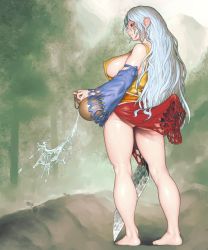 Rule 34 | 1girl, bare shoulders, barefoot, breasts, closed mouth, covered erect nipples, day, detached sleeves, dress, envenomist (gengoroumaru), forest, full body, gourd, hatchet, large breasts, long hair, long sleeves, multicolored clothes, multicolored dress, nata (tool), nature, no panties, outdoors, pouring, profile, red eyes, sakata nemuno, sideboob, silver hair, solo, standing, thick thighs, thighs, touhou, wavy hair