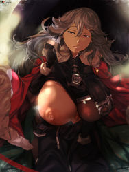Rule 34 | 1girl, backlighting, bad id, bad pixiv id, black gloves, breasts, cafekun, cape, clothes pull, dress pull, gloves, granblue fantasy, hair between eyes, half-closed eyes, hat, highres, huge breasts, large areolae, long hair, long sleeves, looking at viewer, magisa (granblue fantasy), nipples, one breast out, parted lips, red cape, red eyes, silver hair, sitting, solo, very long hair