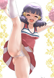 Rule 34 | 1girl, :d, black hair, breasts, cameltoe, cheerleader, closed eyes, commentary request, covered erect nipples, creatures (company), dawn (pokemon), eyelashes, game freak, hair ornament, hairclip, highres, kneehighs, kneepits, leg up, long hair, makoto daikichi, nintendo, open mouth, outstretched arms, panties, partially visible vulva, pleated skirt, pokemon, pokemon (anime), pokemon dppt (anime), pom pom (cheerleading), red shirt, red skirt, shiny skin, shirt, skirt, smile, socks, solo, teeth, tongue, underwear, upper teeth only, white panties, white socks