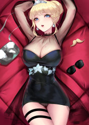 Rule 34 | 1girl, :o, absurdres, arms up, bed, black dress, blonde hair, blue eyes, breasts, cian yo, cleavage, covered navel, cowboy shot, dress, fake facial hair, fake mustache, floral print, hair bun, highres, hololive, hololive english, large breasts, looking at viewer, lying, on back, open mouth, panties, pencil dress, short dress, single hair bun, solo, thigh gap, thigh strap, tight clothes, tight dress, underwear, virtual youtuber, watson amelia, watson amelia (party dress)