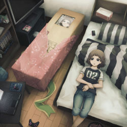 Rule 34 | 1girl, 1up, android, bed, bedroom, bookshelf, box, brown hair, clone, commentary, computer, controller, cyberpunk, dual persona, empty eyes, game console, game controller, gift, in box, in container, indoors, keyboard (computer), laptop, lying, mouse (computer), multiple persona, on back, on bed, original, otaku, packing peanuts, pillow, room, science fiction, sega saturn, solo, striped, television, yajirushi (chanoma)