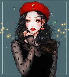 Rule 34 | 1girl, arm at side, arm up, beret, black hair, bow, brown eyes, candy, candy cane, commentary request, earrings, eyelashes, food, hat, highres, jewelry, lips, long hair, long sleeves, musical note, original, parted lips, portrait, red bow, red hat, red lips, rena illusion, sleeves past wrists, solo, sparkle, star (symbol), star print, treble clef