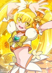 Rule 34 | 0417nao, 10s, 1girl, 2015, arms up, blonde hair, bow, brooch, crop top, cure sunshine, dated, hair bow, heart, heart brooch, heartcatch precure!, jewelry, long hair, magical girl, midriff, myoudouin itsuki, navel, orange bow, precure, signature, skirt, smile, solo, twintails, twitter username, yellow bow, yellow eyes