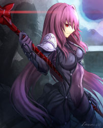 Rule 34 | 1girl, aora, bad id, bad pixiv id, bodysuit, breasts, covered erect nipples, fate/grand order, fate (series), female focus, gae bolg (fate), hair intakes, highres, large breasts, long hair, polearm, purple bodysuit, purple hair, red eyes, scathach (fate), scathach (fate), solo, spear, very long hair, weapon