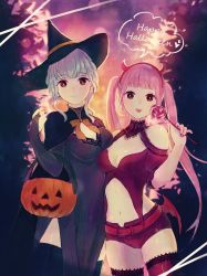 Rule 34 | 2girls, belt, blue hair, breasts, bridal gauntlets, candy, cape, cleavage, closed mouth, costume, demon horns, earrings, english text, fake horns, female focus, fire emblem, fire emblem: three houses, food, halloween, halloween bucket, halloween costume, happy halloween, hat, heart, highres, hilda valentine goneril, holding, holding candy, holding food, holding lollipop, horns, jewelry, lollipop, long hair, marianne von edmund, multiple girls, n2ewu, navel, nintendo, pink hair, short shorts, shorts, skindentation, smile, standing, thighhighs, tongue, tongue out, twintails, witch hat