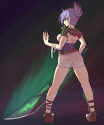 Rule 34 | 1girl, ass, backboob, belt, black background, breasts, brown belt, brown footwear, full body, greatsword, green background, grey hair, highres, holding, holding sword, holding weapon, league of legends, medium breasts, ponytail, popoman, riven (league of legends), shoes, short hair, skirt, smile, solo, sword, toeless footwear, torn clothes, weapon