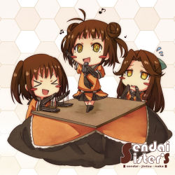Rule 34 | &gt; &lt;, + +, 10s, 3girls, :d, afterimage, ahoge, antenna hair, arm up, beamed quavers, blush stickers, brown hair, character name, chibi, controller, double bun, closed eyes, flying sweatdrops, jintsuu (kancolle), kantai collection, kotatsu, long hair, motion lines, multiple girls, music, musical note, naka (kancolle), neckerchief, on table, open mouth, pleated skirt, pointing, pointing up, quaver, remote control, sendai (kancolle), short hair, singing, skirt, smile, table, two side up, umino mokuzu (shizumisou), yellow eyes