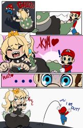 Rule 34 | ..., 1boy, 1girl, blonde hair, blue eyes, blush, bowsette, breasts, cabbie hat, cleavage, comic, commentary, crown, dress, drow tales, english commentary, english text, facial hair, gameplay mechanics, half-closed eyes, hat, heart, highres, horns, jumping, mario, mario (series), mustache, new super mario bros. u deluxe, nintendo, pulling, shadow, shell, super crown, suspenders, sweatdrop, tail, tail pull, uncommon stimulation
