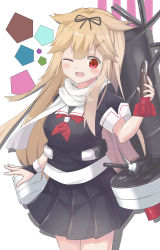 Rule 34 | 10s, 1girl, absurdres, black ribbon, black skirt, bridal gauntlets, cowboy shot, fang, hair flaps, hair ornament, hair ribbon, highres, holding, holding torpedo, kantai collection, l4no, light brown hair, long hair, one eye closed, open mouth, pleated skirt, red eyes, ribbon, simple background, skirt, solo, torpedo, white background, yuudachi (kancolle), yuudachi kai ni (kancolle)