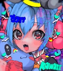 Rule 34 | 1girl, absurdres, animal ears, blue hair, blush, cat ears, cat girl, collar, fangs, halo, highres, looking at viewer, momae makku, hugging object, open mouth, original, pink eyes, short hair, smile, solo, stuffed animal, stuffed toy