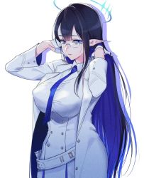 1girl, bangs, blue archive, blue eyes, blue hair, blue neckwear, breasts, commentary request, glasses, gloves, halo, jacket, large breasts, long hair, long sleeves, looking at viewer, necktie, negom, open clothes, open jacket, pointy ears, rin (blue archive), shirt, solo, white gloves, white jacket, white shirt