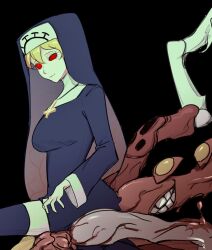 Rule 34 | black background, blonde hair, breasts, closed eyes, cross, cross necklace, double (skullgirls), extra eyes, extra mouth, habit, highres, jewelry, large breasts, lio0oil o, looking at viewer, monster, monster girl, necklace, nun, red eyes, skullgirls, smile, solid eyes, tentacles, thighhighs