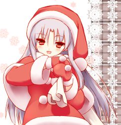 Rule 34 | 00s, 1girl, bad id, bad pixiv id, blush, capelet, hat, long hair, melty blood, mittens, pointy ears, red eyes, red mittens, sack, santa costume, santa hat, shaka-san, silver hair, smile, solo, tsukihime, white len (tsukihime)