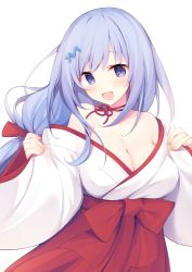 Rule 34 | 1girl, :d, blue eyes, blue hair, blush, breasts, cleavage, commentary request, cowboy shot, emori miku, hair ornament, hairclip, hakama, hakama skirt, highres, japanese clothes, kimono, large breasts, liver city, long hair, looking at viewer, miko, miko (royal milk), neck ribbon, off shoulder, open mouth, red hakama, ribbon, simple background, skirt, smile, solo, very long hair, white background, white kimono, wide sleeves