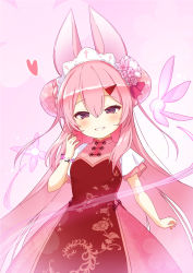 Rule 34 | 1girl, animal ears, blush, bun cover, china dress, chinese clothes, commentary, copyright request, double bun, dress, flower, gradient background, grin, hair between eyes, hair bun, hand up, heart, jigatei (omijin), long hair, looking at viewer, pink background, pink flower, pink hair, purple eyes, red dress, short sleeves, smile, solo, symbol-only commentary, very long hair, vrchat, white background, white flower