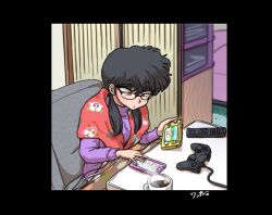 Rule 34 | black hair, coffee, glasses, kunou kodachi, nintendo switch, phone, ps4 controller, ranma 1/2, sitting, twintails, wanta (futoshi)
