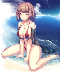 Rule 34 | 1girl, ahoge, beach, between legs, bikini, blue sky, blush, breasts, brown eyes, brown hair, cardigan, cleavage, cloud, cloudy sky, collarbone, day, dev (dev0614), hand between legs, highres, large breasts, looking at viewer, nail polish, navel, ocean, open cardigan, open clothes, original, outdoors, parted lips, purple nails, red bikini, sitting, sky, solo, solo focus, swimsuit, thighs, toenail polish, toenails, wariza, wet, wet clothes