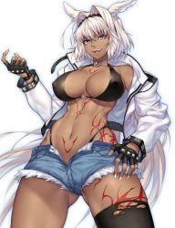 Rule 34 | 1girl, absurdres, animal ears, bad id, bad twitter id, bikini, black bikini, black gloves, blue eyes, blue shorts, body markings, breasts, caenis (fate), cleavage, collarbone, dark-skinned female, dark skin, fate/grand order, fate (series), fingerless gloves, gloves, hairband, highres, jacket, large breasts, long hair, long sleeves, looking at viewer, nail polish, nasaniliu, navel, open clothes, open jacket, open mouth, revision, short shorts, shorts, smile, swimsuit, thighs, white hair, white jacket