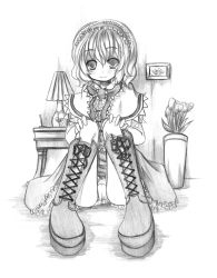Rule 34 | 1girl, alice margatroid, boots, capelet, cross-laced footwear, dress, female focus, greyscale, hands on own knees, indoors, kurona, lamp, monochrome, necktie, panties, pantyshot, photo (object), plant, potted plant, pussy, sash, sitting, smile, solo, table, touhou, underwear, upskirt