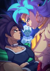Rule 34 | 1girl, 2boys, armor, black hair, blue hair, blush, breastplate, breasts, broly (dragon ball super), broly (dragon ball z), cheelai, circlet, cleavage, colored skin, crossed arms, dark skin, dragon ball, dragon ball super, dragon ball super broly, dragonball z, dual persona, earrings, forehead jewel, green skin, height difference, highres, hoop earrings, jewelry, legendary super saiyan, looking at another, male focus, medium breasts, multiple boys, muscular, neck ring, parody, purple eyes, simple background, skin tight, spiked hair, street fighter, street fighter zero (series), street fighter zero 2 cover, super saiyan, super saiyan 1, super saiyan blue, topless male, tovio rogers, yellow eyes