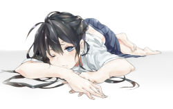 Rule 34 | 1girl, bad id, bad pixiv id, barefoot, black hair, blue eyes, blurry, blush, depth of field, foreshortening, long hair, looking at viewer, lying, on stomach, one eye closed, original, pleated skirt, school uniform, simple background, skirt, solo, taxi (owp), white background, wink