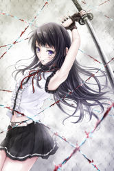 Rule 34 | 1girl, arms up, barbed wire, belt, black hair, black skirt, blood, brown gloves, commentary request, cowboy shot, fingerless gloves, gloves, hands up, highres, holding, holding sword, holding weapon, katana, long hair, looking at viewer, navel, neck ribbon, nuwanko, original, pale skin, pleated skirt, purple eyes, red ribbon, ribbon, school uniform, shirt, skirt, solo, standing, sword, weapon, white shirt