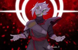 Rule 34 | 1boy, black shirt, colored skin, commentary, commentary request, dragon ball, dragon ball heroes, earrings, energy, eyepatch, facing viewer, fused zamasu, green skin, grey eyes, highres, jewelry, kurose (9rose 3), long sleeves, looking at viewer, looking down, male focus, official alternate costume, open hands, pointy ears, pointy hair, potara earrings, raised chin, red background, shirt, short hair, signature, torn clothes, torn sleeves, twitter username, white hair, wrist cuffs, zamasu