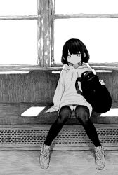 Rule 34 | 1girl, bag, expressionless, greyscale, highres, hood, hoodie, lag train (vocaloid), long hair, low twintails, monochrome, osage (nukunuku nigirimeshi), panties, pantyshot, shoes, sitting, sneakers, solo, survival yaiba, thighhighs, train interior, twintails, underwear