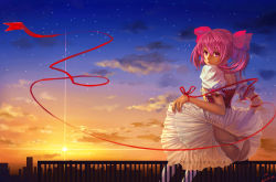 Rule 34 | 10s, 1girl, 2012, absurdres, clothes lift, cloud, dated, dress, dress lift, from behind, highres, holding, kaname madoka, magical girl, mahou shoujo madoka magica, mahou shoujo madoka magica (anime), panties, pink hair, red eyes, red ribbon, ribbon, shuizhanglang, sitting, sky, solo, star (sky), starry sky, sunlight, sunset, thighhighs, twintails, underwear, white panties, white thighhighs