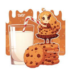 Rule 34 | 1girl, :q, ahoge, artist name, bendy straw, blush, brown dress, brown eyes, brown pantyhose, chibi, chocolate chip cookie, closed mouth, cookie, cup, dav-19, dress, drinking glass, drinking straw, food, food-themed clothes, full body, lace background, light brown hair, long hair, looking at viewer, milk, original, pantyhose, personification, puffy short sleeves, puffy sleeves, short sleeves, smile, solo, standing, tongue, tongue out, transparent background, very long hair, watermark, web address