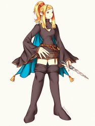 Rule 34 | 1girl, absurdres, belt, blonde hair, blue cape, boots, breasts, cape, cleavage, dagger, final fantasy, final fantasy tactics, hair ornament, hand on own hip, highres, holding, holding weapon, knife, marchbell, medium breasts, medium hair, ponytail, solo, twitter username, valmafra lenande, weapon