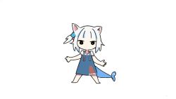 Rule 34 | 1girl, animal ears, animated, asymmetrical hair, black eyes, blue dress, blue hair, cat ears, chibi, cube hair ornament, dress, failure, gawr gura, gawr gura (casual), hair ornament, hololive, hololive english, kemonomimi mode, legs apart, looking at viewer, looping animation, medium hair, multicolored hair, official alternate costume, polearm, side ponytail, simple background, sleeveless, sleeveless dress, solo, spinning, spinning weapon, standing, streaked hair, summoning, tail, tail wagging, takeru (hashiru11275), trident, two-tone hair, video, virtual youtuber, weapon, white background, white hair
