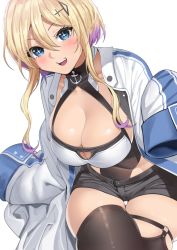Rule 34 | + +, 1girl, anchor symbol, azur lane, black shorts, blonde hair, blue eyes, breasts, brown thighhighs, cleavage, coat, cross hair ornament, hair between eyes, hair ornament, large breasts, long sleeves, looking at viewer, marblehead (azur lane), multicolored hair, ootani nonno, open clothes, open coat, open mouth, purple hair, short hair with long locks, short shorts, shorts, simple background, skindentation, thigh strap, thighhighs, two-tone hair, white background