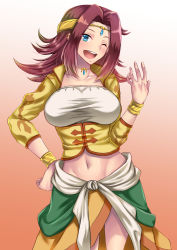 Rule 34 | 1girl, blue eyes, blush, bracelet, breasts, breasts apart, circlet, code geass, earrings, framed breasts, hand on own hip, highres, jewelry, kouzuki kallen, long hair, necklace, no bra, one eye closed, open mouth, red hair, simple background, solo, takecha