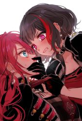 Rule 34 | 2girls, bad id, bad pixiv id, bang dream!, black gloves, black hair, black jacket, blue eyes, blush, breasts, cleavage, clenched teeth, covering own mouth, ear piercing, earrings, eye contact, from side, gloves, hand over own mouth, jacket, jewelry, lipstick, long hair, looking at another, makeup, mamaloni, mitake ran, multicolored hair, multiple girls, piercing, pink eyes, red hair, red lips, red shirt, shirt, short hair, simple background, streaked hair, sweatdrop, teeth, udagawa tomoe, white background, wide-eyed