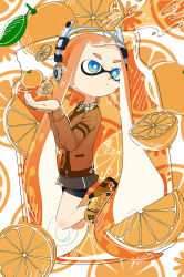 Rule 34 | 1girl, bike shorts under skirt, black shorts, blue eyes, blunt bangs, brown cardigan, cardigan, closed mouth, collared shirt, commentary, floating, food, fruit, full body, grey skirt, headphones, high tops, highres, holding, holding food, holding fruit, inkling, inkling girl, inkling player character, jar, juice, legs up, long hair, long sleeves, looking back, looking to the side, minato yodaka, miniskirt, nintendo, orange (fruit), orange footwear, orange hair, orange juice, orange slice, orange theme, oversized food, oversized object, pointy ears, shirt, shoes, short hair, shorts, skirt, sneakers, solo, splatoon (series), tentacle hair, very long hair, white shirt