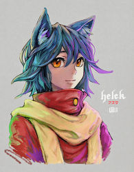 Rule 34 | 1girl, animal ears, asta (helck), blue hair, copyright name, daoli, helck, high collar, orange eyes, scarf, solo