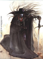 Rule 34 | 1boy, amano yoshitaka, d (vampire hunter d), hat, highres, long hair, official art, sword, vampire, vampire hunter d, weapon