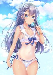 Rule 34 | 1girl, bare arms, bare shoulders, bikini, black hair, blue eyes, blue sky, blush, bow, bracelet, breasts, candy, cleavage, cloud, cloudy sky, collarbone, commentary request, cowboy shot, day, food, glint, gluteal fold, groin, hair bow, hand up, holding, holding candy, holding food, holding lollipop, jewelry, light rays, lollipop, long hair, looking at viewer, medium breasts, navel, necklace, one-piece tan, original, sailor bikini, sailor collar, sakura moyon, see-through, side-tie bikini bottom, sidelocks, sky, solo, standing, stomach, sunlight, swimsuit, tan, tanline, thighs, tongue, tongue out, wet, wet clothes, wet swimsuit, white bikini, white bow