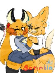 Rule 34 | 2girls, :3, animal ears, animal hands, awwwthescrimblo, black eyes, breasts, breasts squeezed together, brown eyes, creatures (company), dedenne, dress, fluffy hair, furry, game freak, gen 6 pokemon, girl sandwich, highres, holding hands, hood, hoodie, looking at viewer, medium breasts, multiple girls, nintendo, one eye closed, orange fur, pants, pawmot, pinafore dress, plump, pokemon, revealing clothes, sandwiched, self-upload, short hair, shorts, sleeveless, sleeveless dress, smile, tail, thick thighs, thighs, tight clothes, tight pants, twintails, whiskers, wide hips