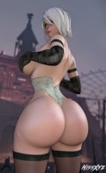 Rule 34 | 1girl, 3d, artist name, ass, back, blue eyes, breasts, covering privates, covering breasts, curvy, elbow gloves, from behind, gloves, huge ass, large breasts, lips, looking at viewer, looking back, looking down, missxyz, mole, mole under mouth, nier (series), nier:automata, short hair, smile, solo, thick thighs, thighhighs, thighs, topless, white hair, wide hips, a2 (nier:automata)