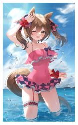 Rule 34 | 1girl, animal ears, arm up, armpits, bare shoulders, blush, border, bow, breasts, bridal garter, brown hair, casual one-piece swimsuit, cloud, collarbone, covered navel, day, etesumsom, frilled swimsuit, frills, hair bow, highres, horizon, horse ears, horse girl, horse tail, looking at viewer, medium breasts, medium hair, mountain, ocean, one-piece swimsuit, one eye closed, open mouth, outdoors, pink one-piece swimsuit, shading eyes, smart falcon (umamusume), smile, solo, sunlight, swimsuit, tail, teeth, twintails, umamusume, upper teeth only, wading, water, water drop, white border, wrist cuffs