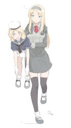 Rule 34 | 2girls, artist name, ascot, black ascot, black legwear, blonde hair, blue eyes, blue sailor collar, bobby socks, breasts, carrying, dated, dress, flower, frilled legwear, gloves, grey footwear, grey hairband, hairband, hat, hikashima (shiofune), janus (kancolle), kantai collection, large breasts, lifting person, long sleeves, mary janes, military, military uniform, multiple girls, nelson (kancolle), parted bangs, pencil skirt, red ascot, red flower, running, sailor collar, sailor dress, sailor hat, shoes, short hair, short sleeves, simple background, skirt, socks, standing, thighhighs, uniform, white background, white dress, white gloves, white headwear