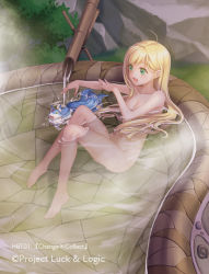 Rule 34 | 1girl, :d, ahoge, animal, bare arms, bare legs, bare shoulders, barefoot, bath, bathing, blonde hair, blush, breasts, cleavage, collarbone, convenient censoring, copyright name, feet, female focus, fox, full body, geroro, green eyes, hair down, happy, hina logi - from luck &amp; logic, knees up, legs, liones yelistratova, long hair, luck &amp; logic, medium breasts, mountain, neck, nude, official art, onsen, open mouth, outdoors, round teeth, sitting, smile, solo, steam, submerged, teeth, tree, water, wet, wet hair