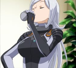 Rule 34 | 10s, 1girl, aila jyrkiainen, aqua hair, bodysuit, breasts, can, close-up, closed eyes, drink can, drinking, gundam, gundam build fighters, highres, long hair, screencap, soda can, solo, white hair