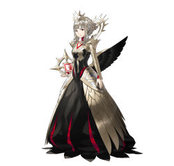 Rule 34 | 1girl, alternate costume, alternate hair length, alternate hairstyle, black dress, book, breasts, closed mouth, collarbone, commentary request, dress, fire emblem, fire emblem heroes, full body, gold trim, grey hair, highres, holding, jewelry, kozaki yuusuke, long dress, long skirt, long sleeves, nintendo, official art, red eyes, short hair, sidelocks, simple background, skirt, small breasts, solo, standing, tiara, veronica (fire emblem), white background