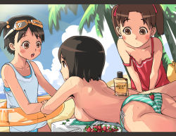 Rule 34 | 3girls, armpit hair, ass, bad id, bad pixiv id, beach, bikini, black hair, blush, breast press, breasts, brown eyes, brown hair, chanchan, day, food, fruit, goggles, goggles on head, hair bobbles, hair ornament, ichigo mashimaro, innertube, itou chika, itou nobue, letterboxed, lotion, matsuoka miu, multiple girls, one-piece swimsuit, open mouth, outdoors, sand, short hair, siblings, side-tie bikini bottom, side ponytail, sisters, strap slip, strawberry, sunscreen, swim ring, swimsuit, v arms, water