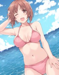 Rule 34 | 10s, 1girl, amane hasuhito, arm up, bikini, blush, breasts, brown hair, cloud, collarbone, commentary request, day, dutch angle, girls und panzer, hand on own head, hand on own leg, legs apart, looking at viewer, medium breasts, navel, nishizumi miho, one eye closed, open mouth, outdoors, parted bangs, pink bikini, shiny skin, short hair, sky, solo, standing, stomach, swimsuit, water