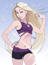 Rule 34 | 1girl, aged up, bike shorts, blonde hair, blue eyes, breasts, earrings, eyeshadow, gradient background, hair flip, hand on own hip, highres, hoop earrings, jewelry, lips, long hair, makeup, midriff, mole, mole under mouth, nail polish, naruto, naruto (series), navel, necklace, nose, purple nails, ring, small breasts, solo, sparkle, sports bra, stud earrings, vashperado, very long hair, yamanaka ino